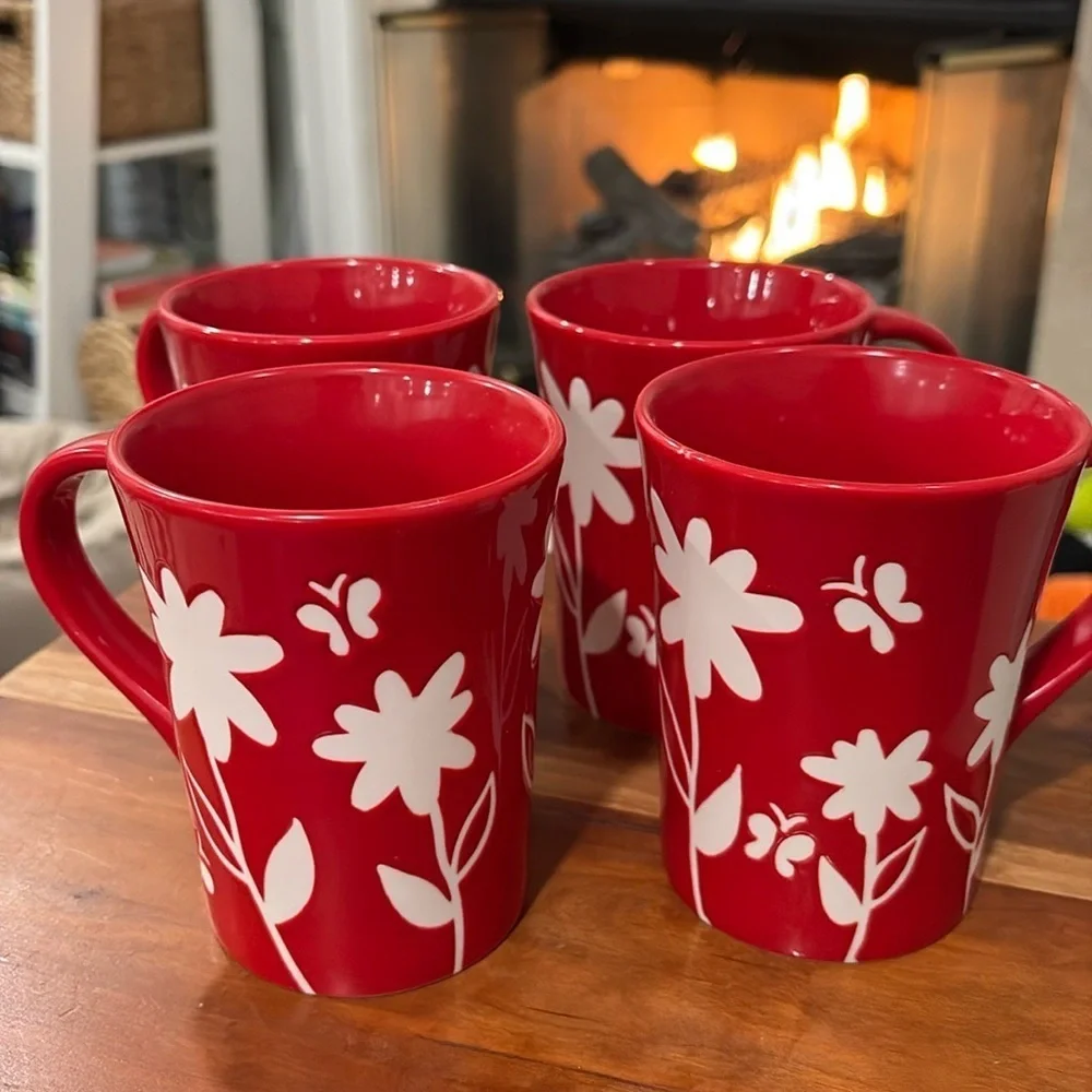 Starbucks red floral four mugs set retired design